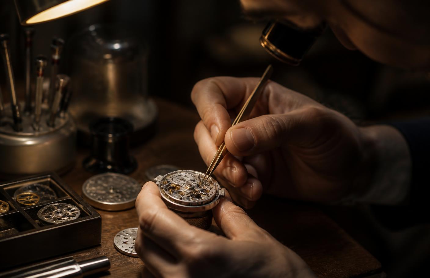 Watchmaker assembling a movement at a workbench